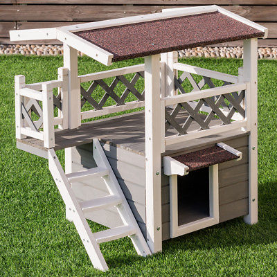 Buy Best 2-Story Outdoor Weatherproof Wooden Cat House Condo Shelter With Ladder