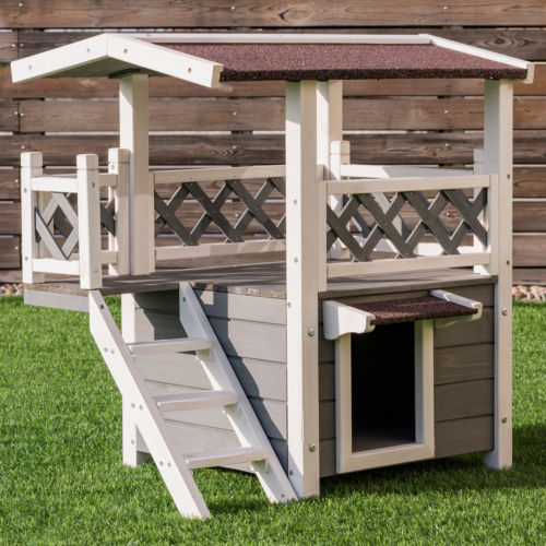 Buy Best 2-Story Outdoor Weatherproof Wooden Cat House Condo Shelter With Ladder