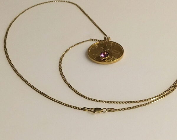 Online Sale: 22k 1/2 0z. Standing Liberty gold coin with Amethyst Gem jewelry:  Necklace.