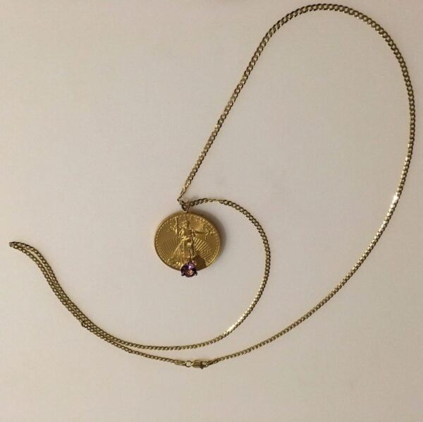 Online Sale: 22k 1/2 0z. Standing Liberty gold coin with Amethyst Gem jewelry:  Necklace.