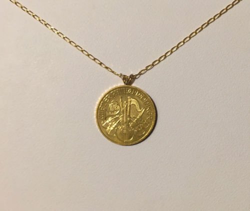 Online Sale: 24k 1/4 oz. Aus. Philharmonic gold coin jewelry: Necklace w/ 20" 14k curb chain