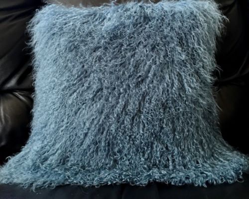 Online Sale: Beautifur Real Mongolian Lambskin Fur throw Pillow Cushion Dark Dusty Blue 16x16