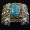 Online Sale: Ithica Peak Gem Turquoise Heavy Wide Sterling Bracelet.Signed Harold Joe