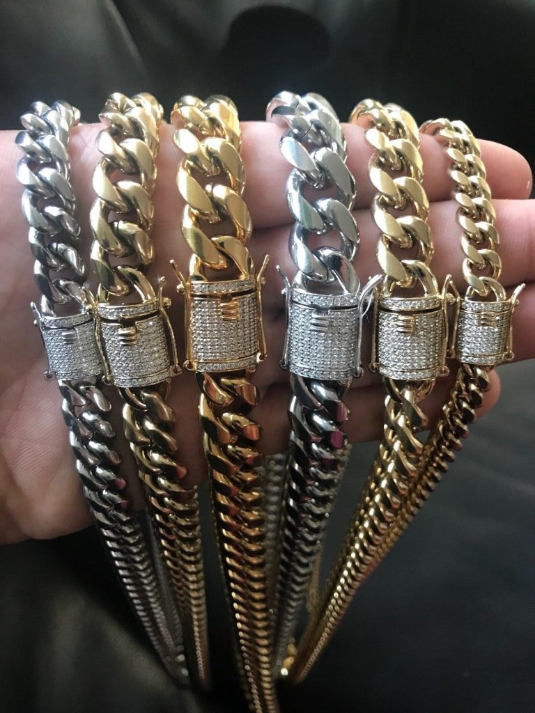 Stainless Steel Cuban Link Chain With Diamonds