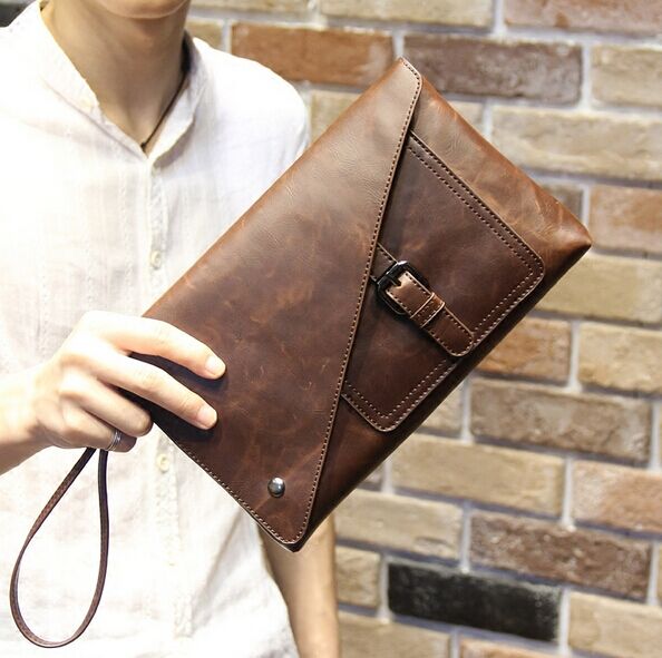 Online Sale: New Vintage Leather Envelope Bags Large Capacity Zipper Mens Clutches Wristlet Purse Handbag Elegant Evening Bag Mobile Pouch (brown)