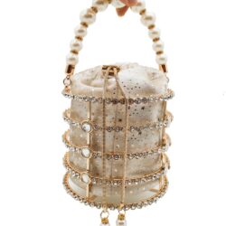 Hollow Out Pearl Bucket Evening Bag Women Luxury Designer Handmade Alloy Metallic Clutch Bag Ladies Shoulder Bag