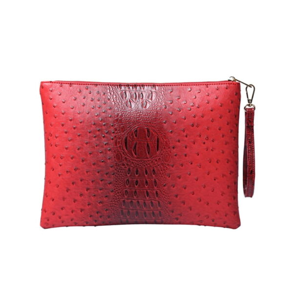 Online Sale: Ostrich Maroon Leather Clutch Handbag  Python Women Laptop Bag For Macbook Pouch Bag With Short Wristlet