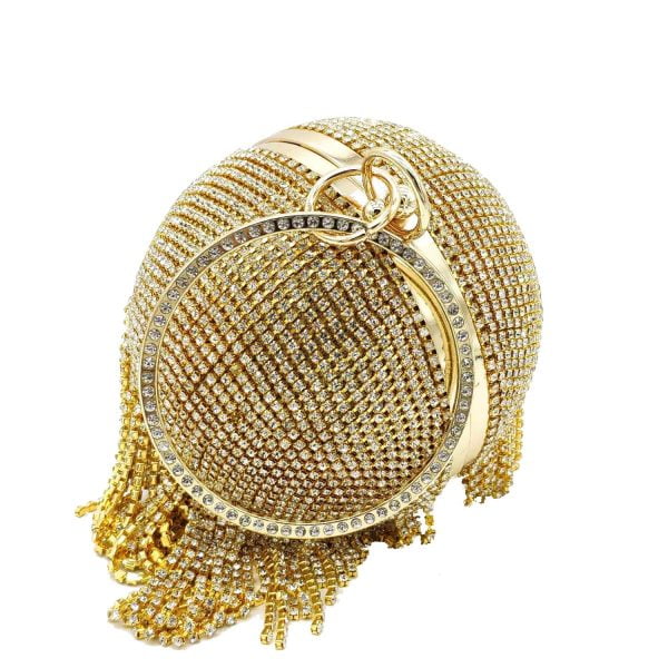 Boutique De FGG Rhinestones Tassels Women Crystal Clutch Gold Round Ball Bag Party Cocktail Dinner Wristlets Purses and Handbags