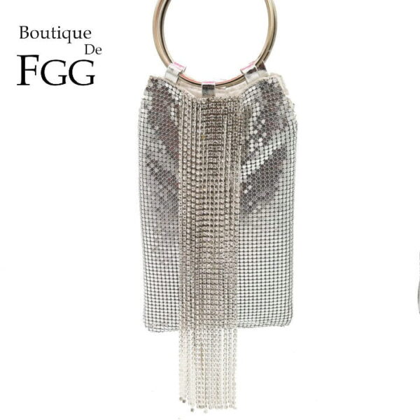 Boutique De FGG Dazzling Silver Crystal Tassel Women Aluminum Evening Purse Cocktail Party Wristlets Clutch Handbag