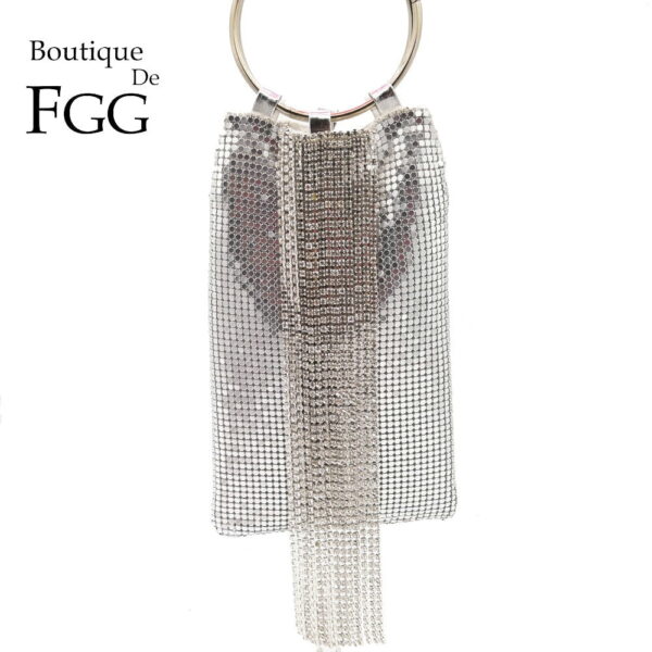 Boutique De FGG Dazzling Silver Crystal Tassel Women Aluminum Evening Purse Cocktail Party Wristlets Clutch Handbag